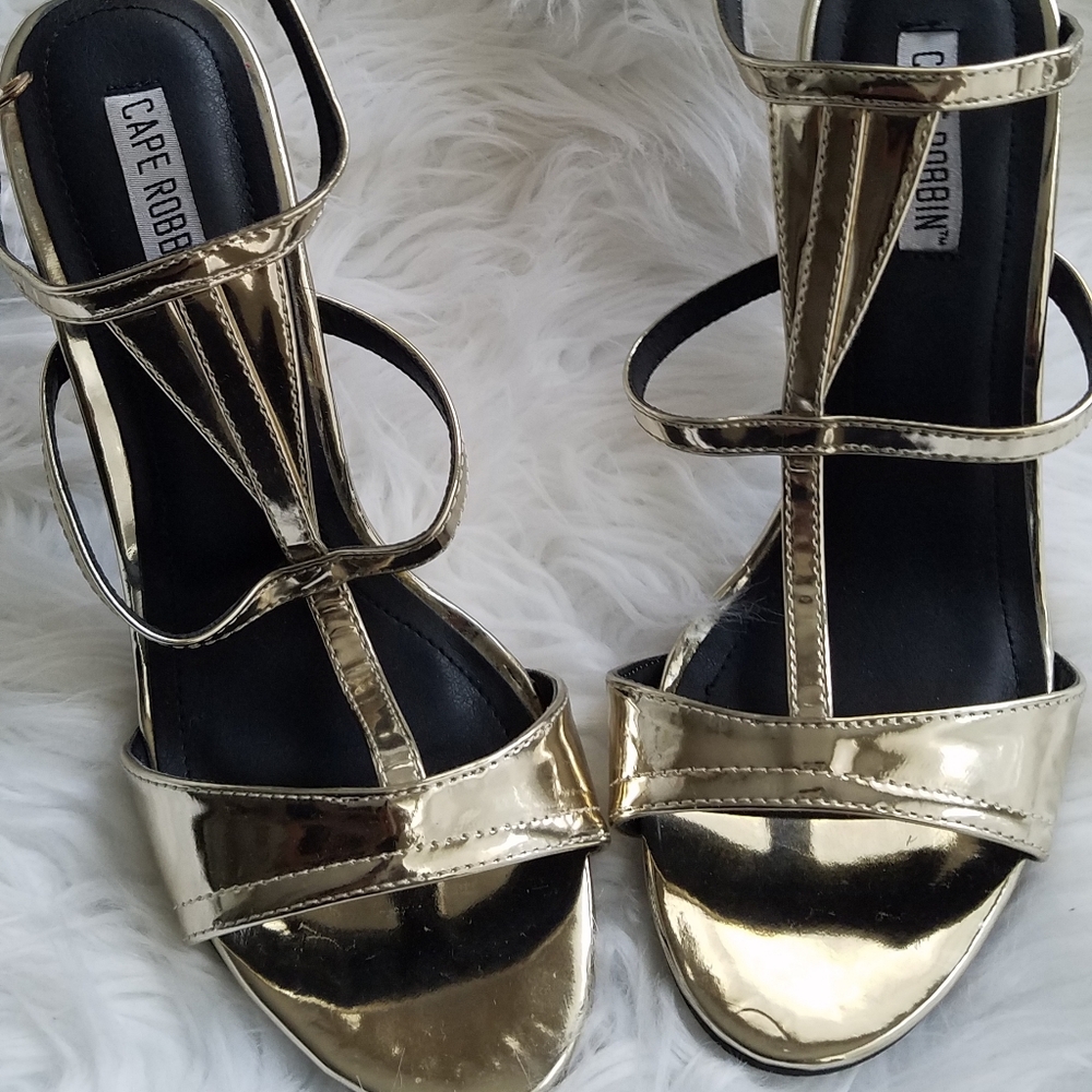 Cape Robbin gold strappy block heels